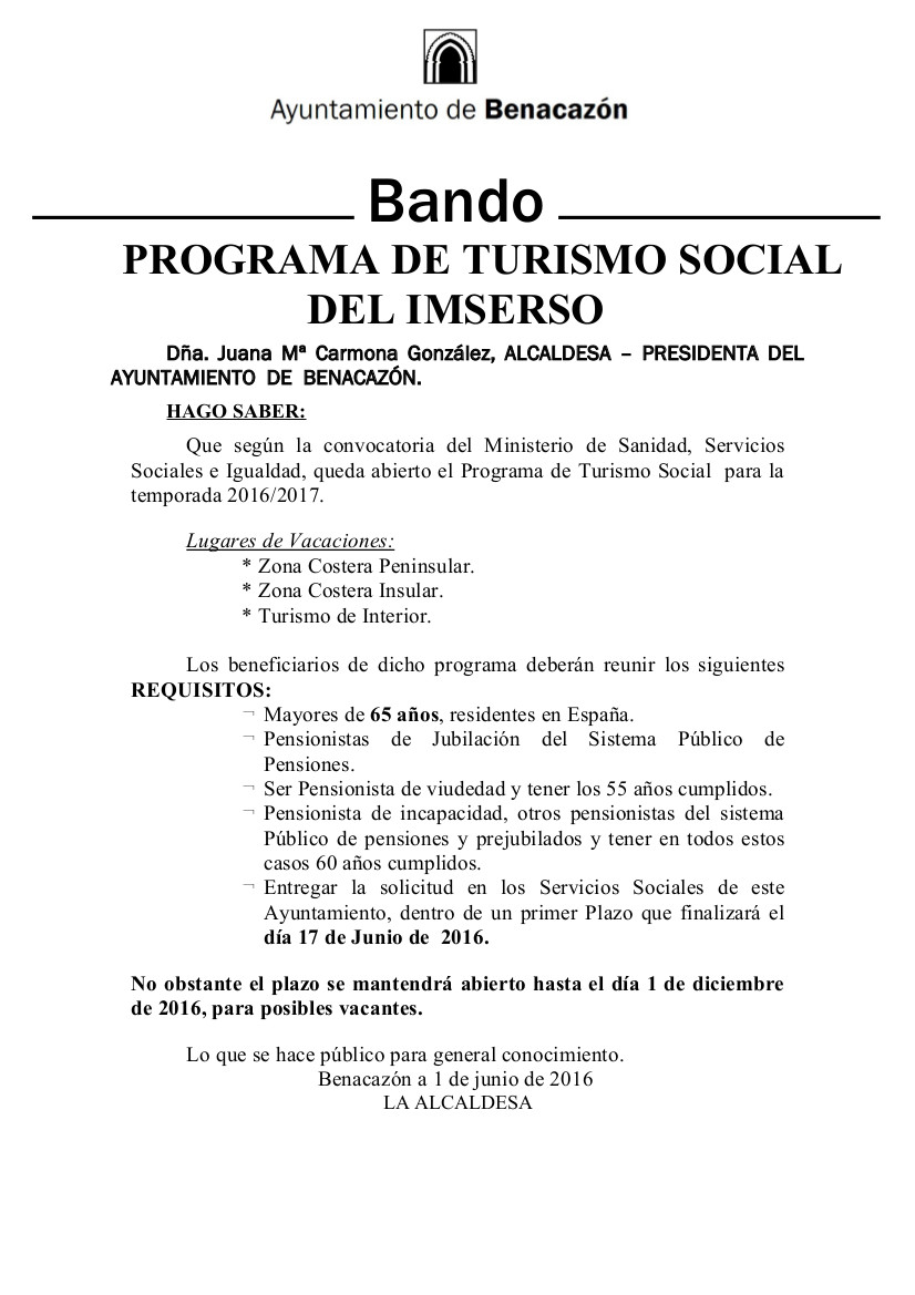 BANDO TURISMO IMSERSO 2016-2017