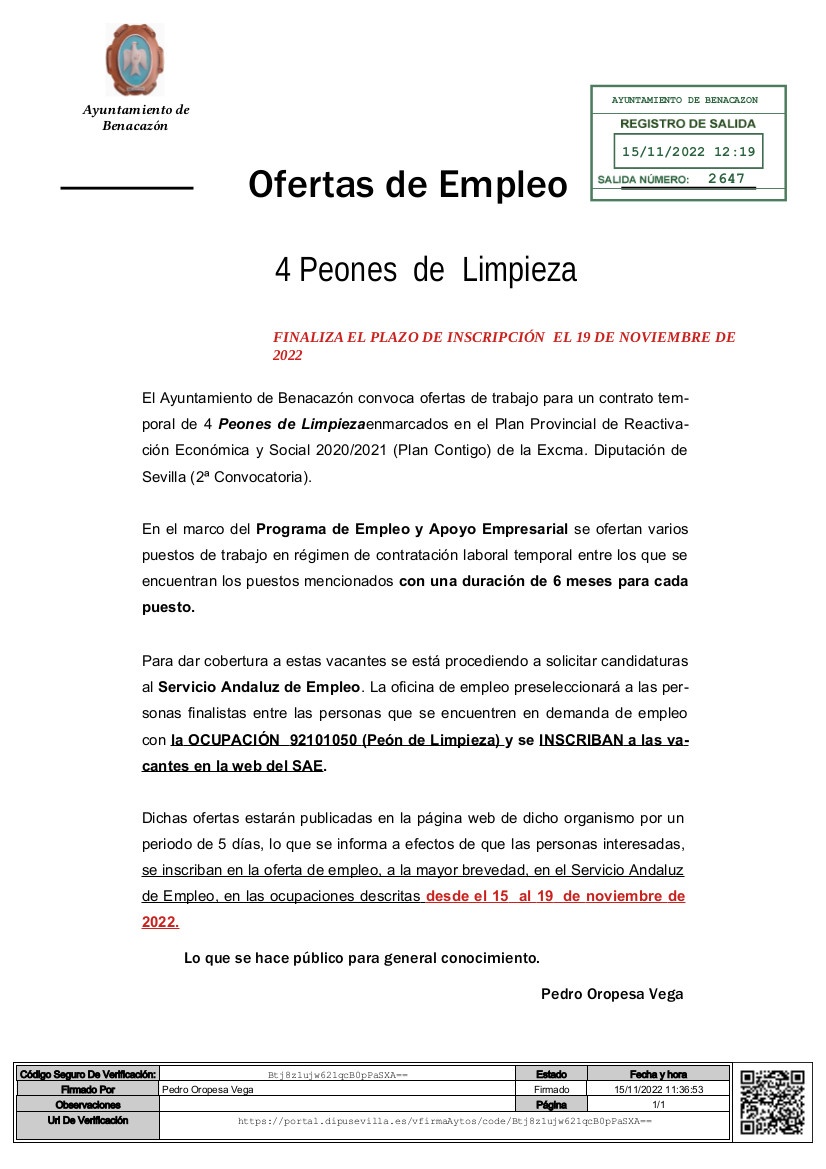 Anuncio Oferta Empleo Plan Contigo-4 Peones Limpieza