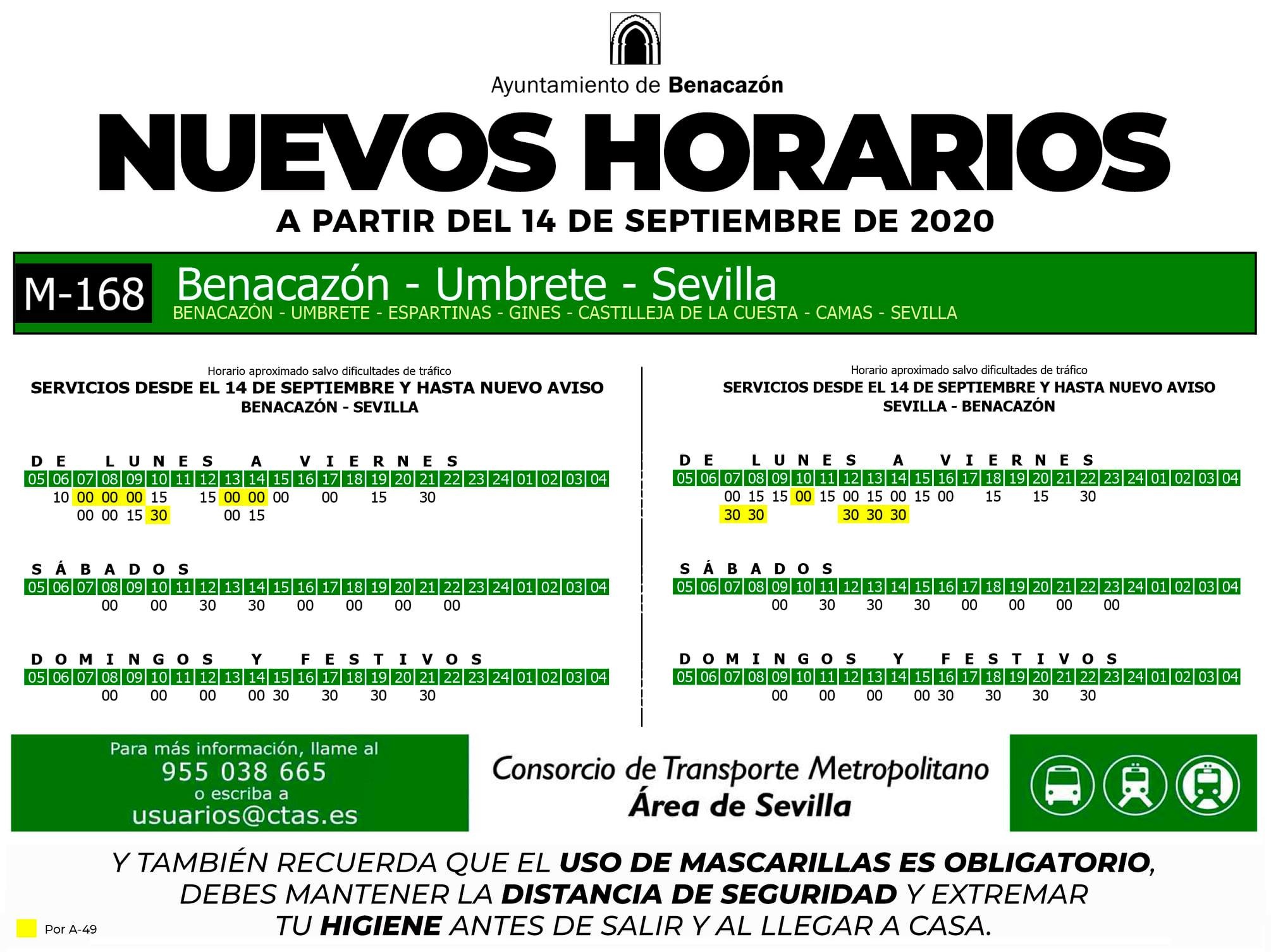 Autobús Sevilla_Línea M-168 Benacazón-Sevilla desde 14sept