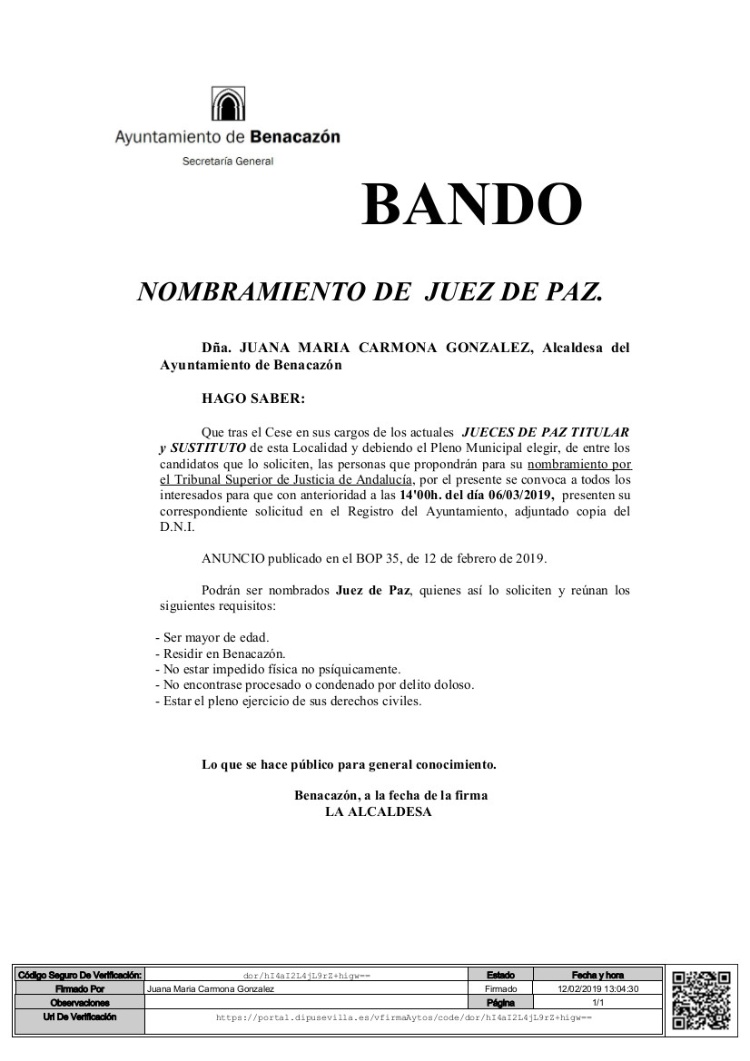 Bando Juez de Paz, BOP 35, 19.02.2019