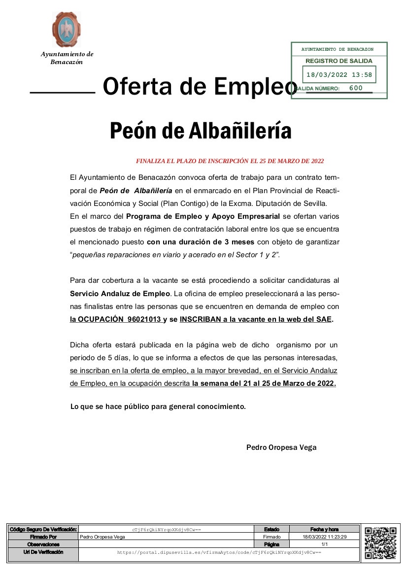 ANUNCIO OFERTA PEON Albañilería ABRIL SAE