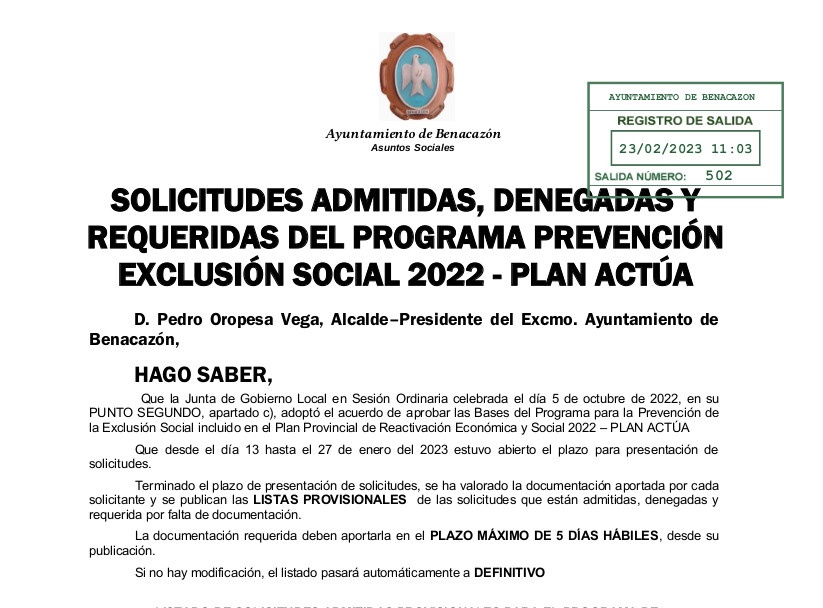 ANUNCIO SOLICITUDES PROVISIONALES  ADMITIDAS, DENEGADAS Y REQUERIDAS PES 23.02.2023