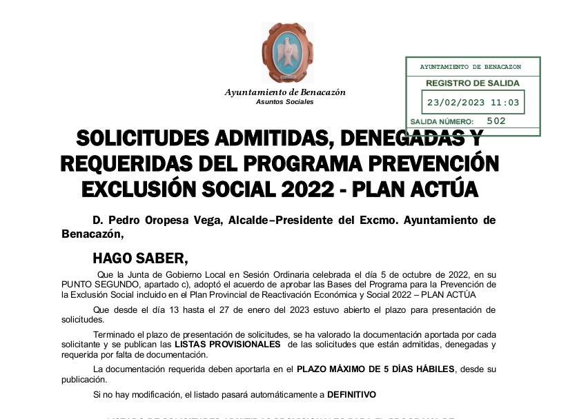ANUNCIO SOLICITUDES PROVISIONALES ADMITIDAS, DENEGADAS Y REQUERIDAS PES 23.02.2023