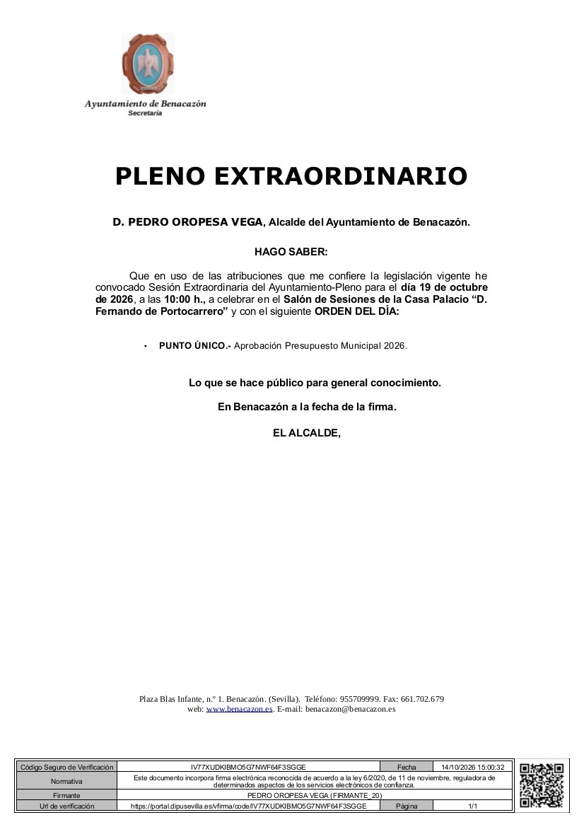 Bando_Pleno Extraordinario 19.10.2026