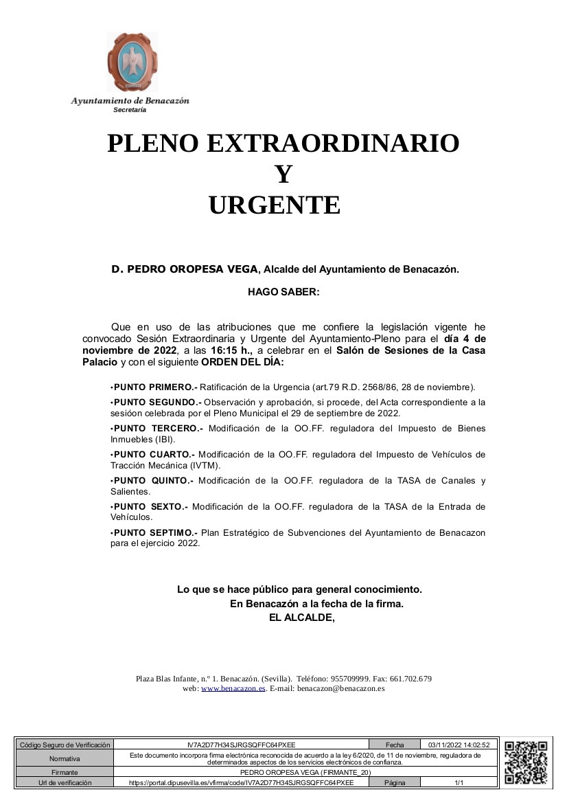 Bando_Pleno Extraordinario y Urgente 04.11.2022