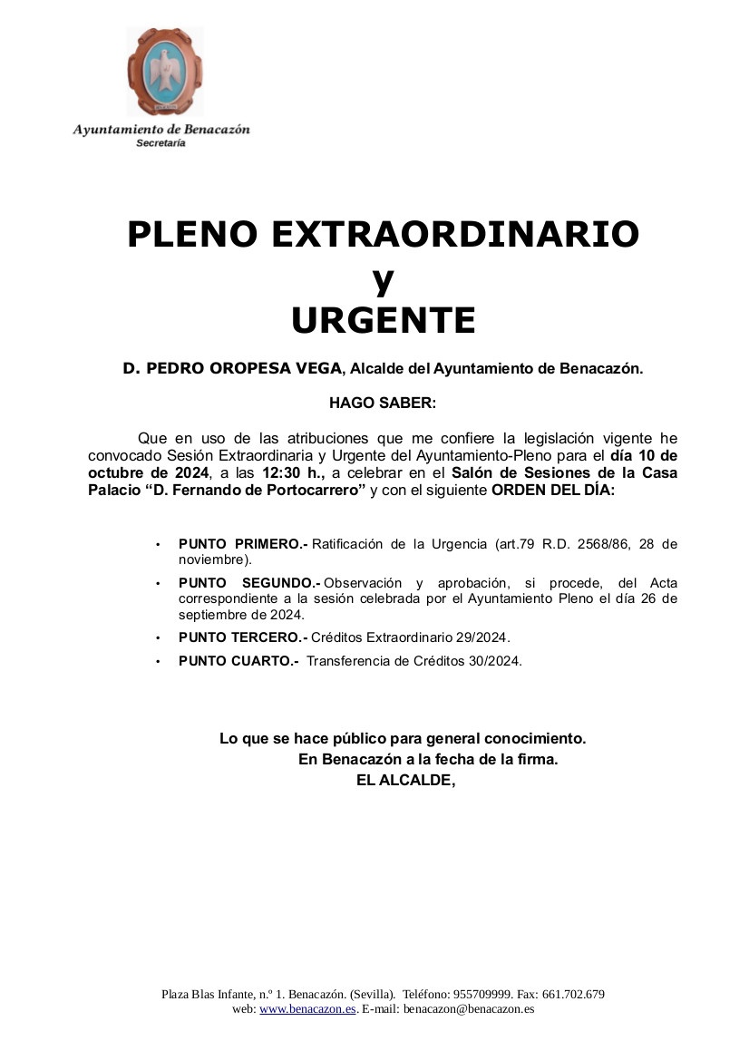 Convocatoria PLENO Extraor. y Urgente 10.10.2024