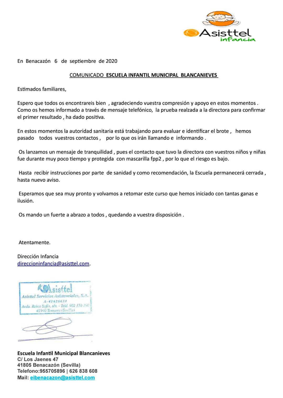 Educación_Positivo Covid Guardería Comunicado Assistel