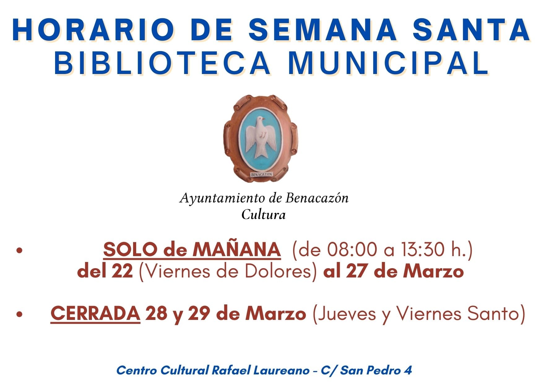 HORARIO BIBLIOTECA Semana Santa 2024